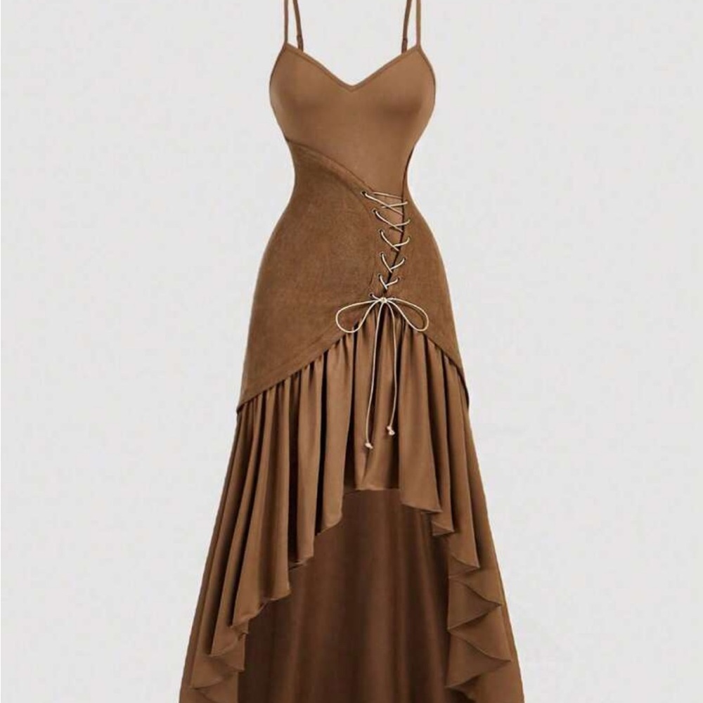 Elegant Brown Lace-Up Dress